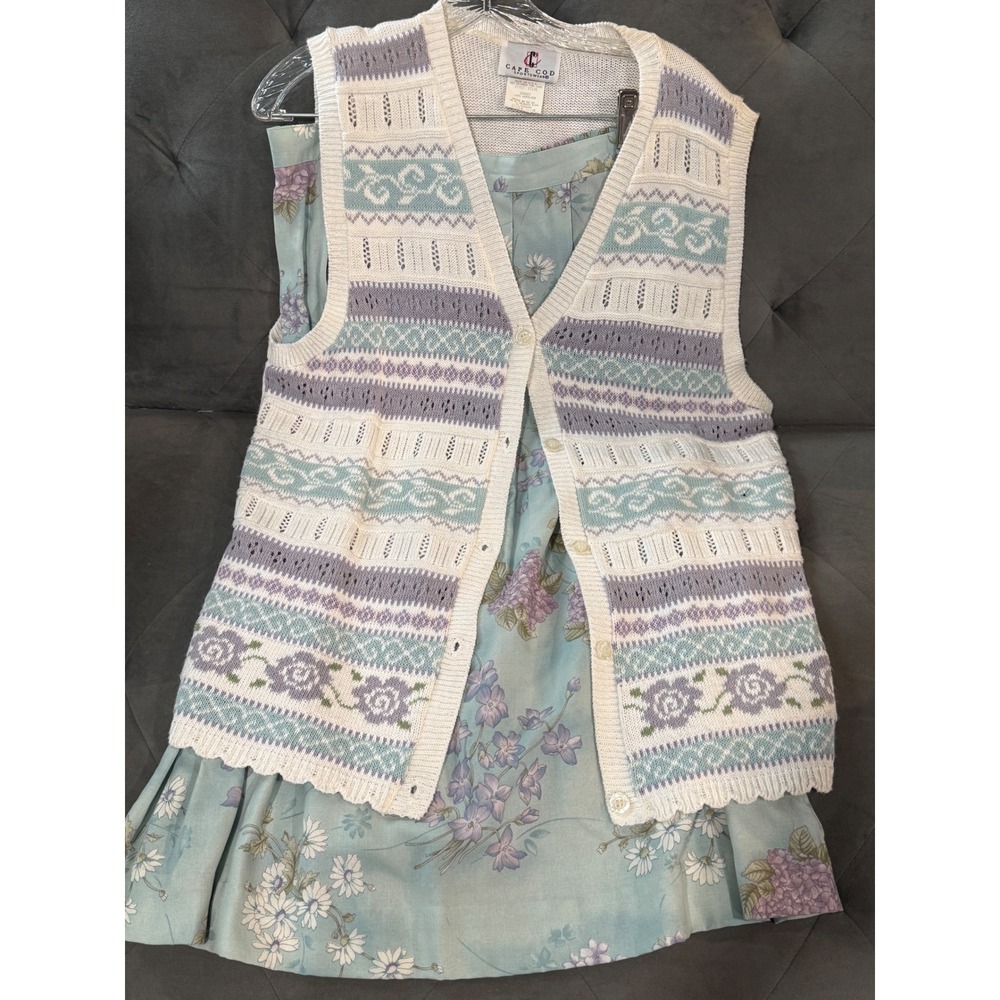 Cape Cod Sportswear Vintage Floral‎ Sweater Vest and Pleated Skirt Set Blue XL